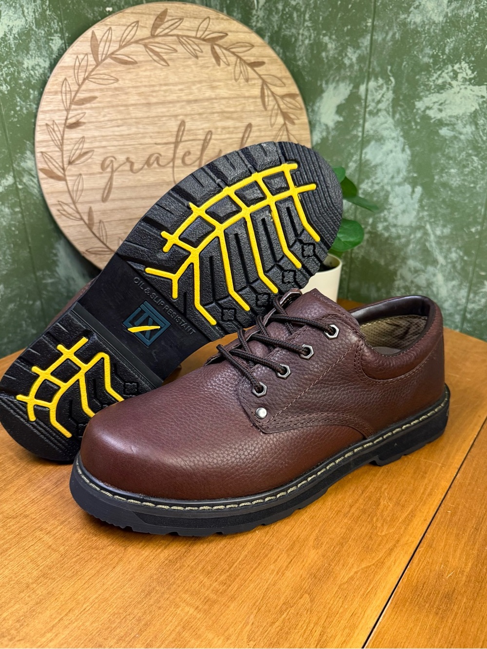 Dr. Scholl's Harrington Mens Slip Resistant Brown Leather Oxford Work Shoes